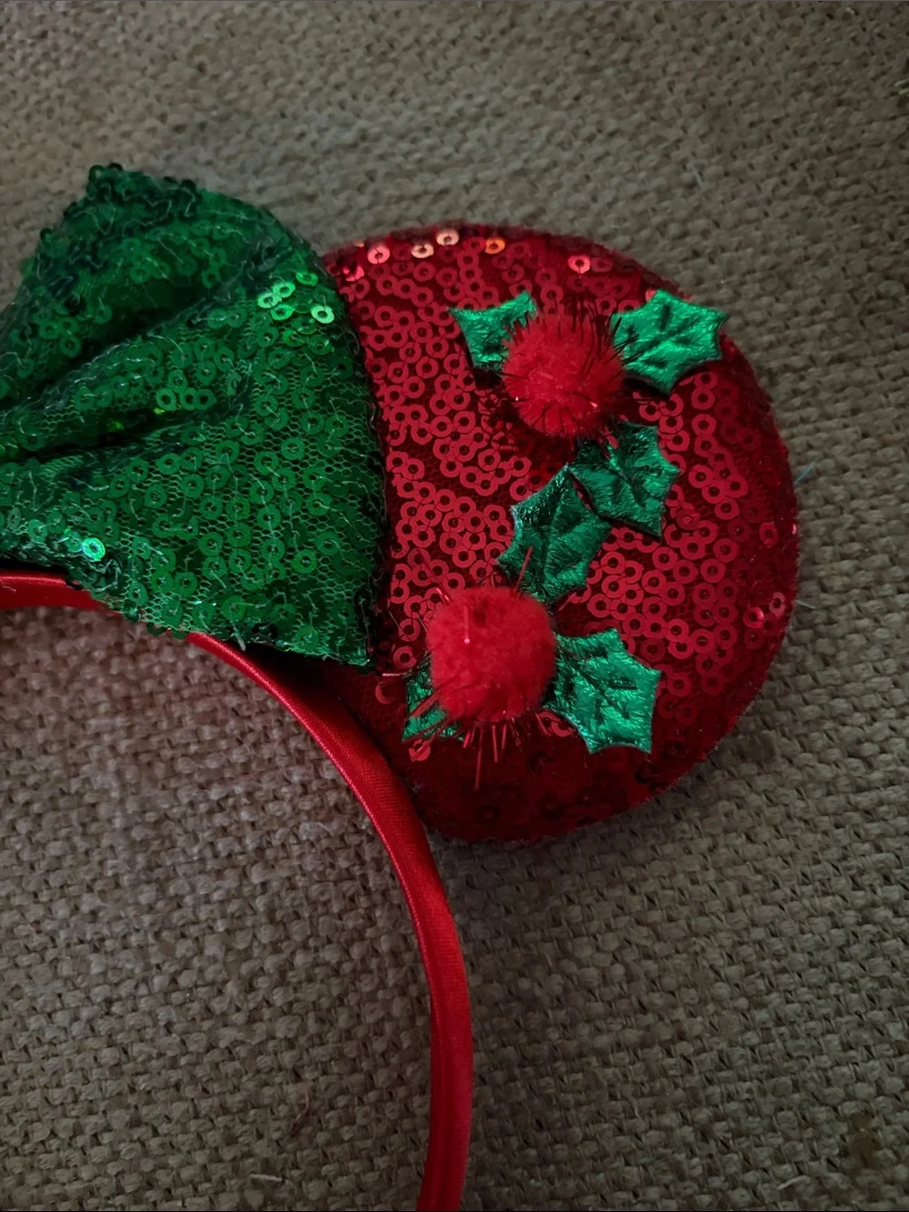 Disney Red & Green Sequin Minnie‎ Mouse Headband Christmas Holiday